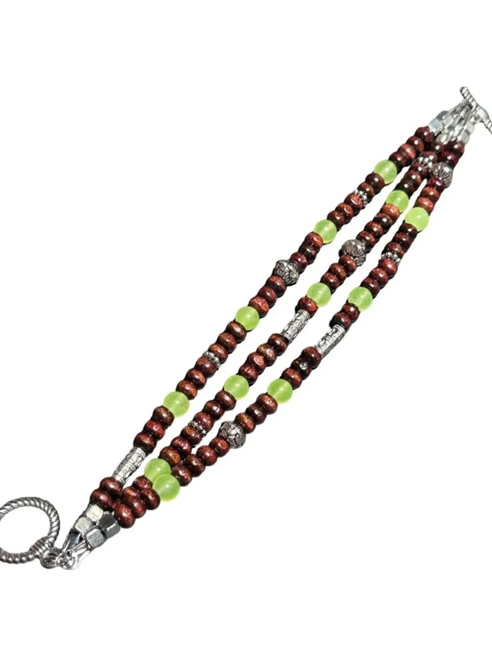Beaded Bracelet Toggle Closure Wood Beads Green Silver Tone Womens Jewelry NWOT